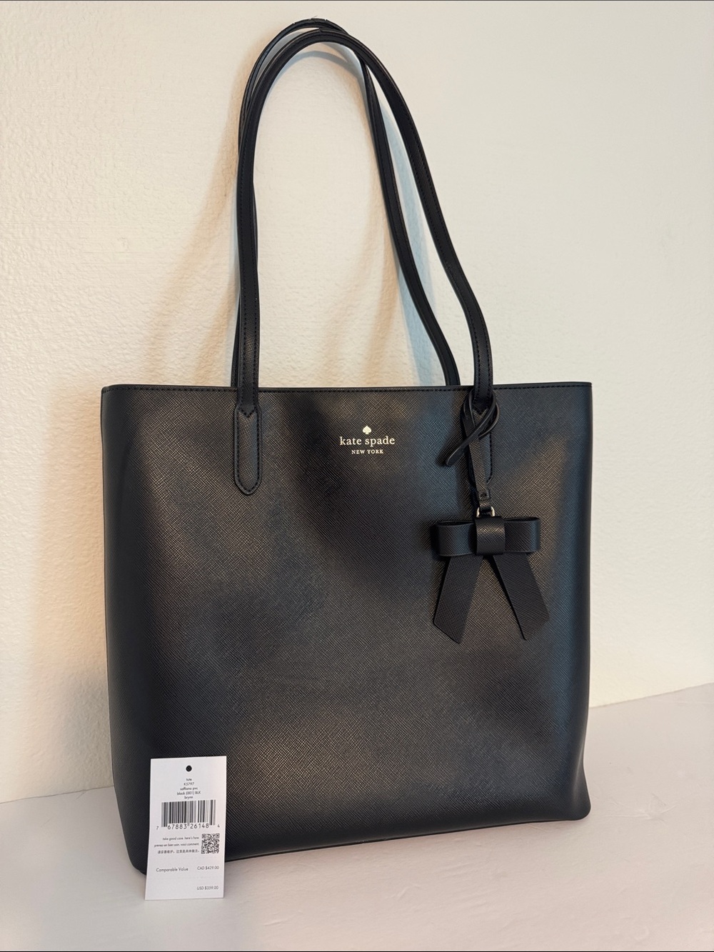 Kate Spade Black Leather Tote Bag Bow Charm Excellent Condition
